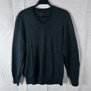 Kenneth Roberts Mens V-Neck Wool Blend Sweater Dark Green Charcoal Medium